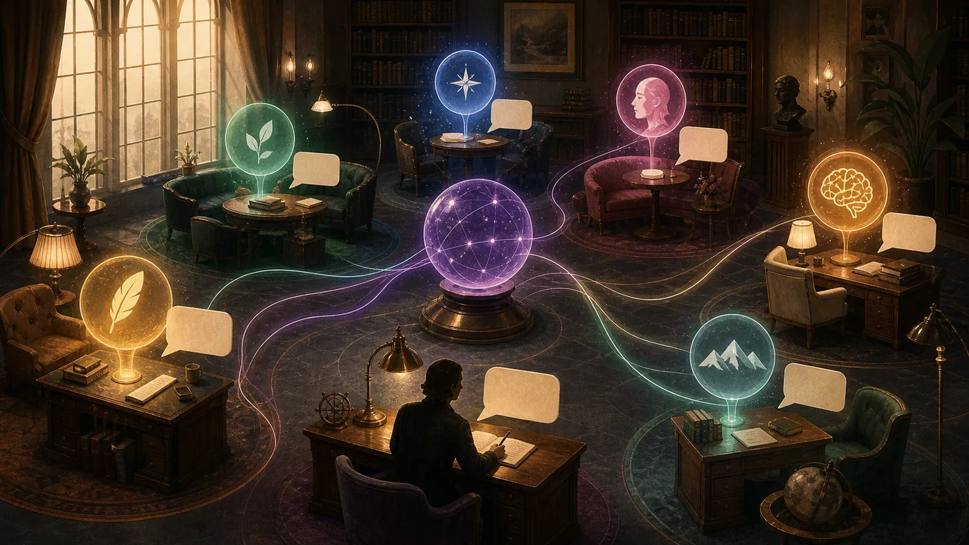 Illustration for Poe: several glowing conversation islands forming a salon for AI chats