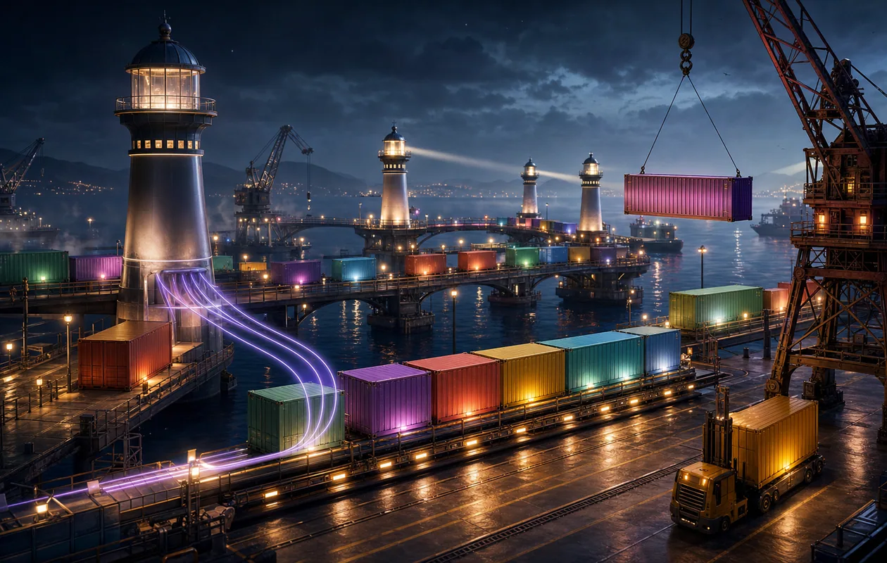 Illustration for POEditor: localization segments move as colored cargo through an unmarked harbor