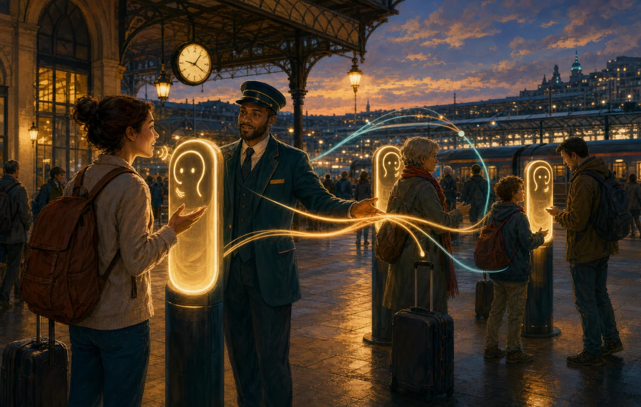 Illustration for PolyAI: voice terrace with dialogue arcs and handoff lights