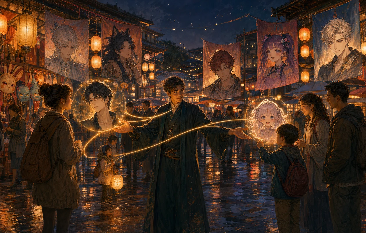 Illustration for Polybuzz: lantern market made of chat signals and answer paths