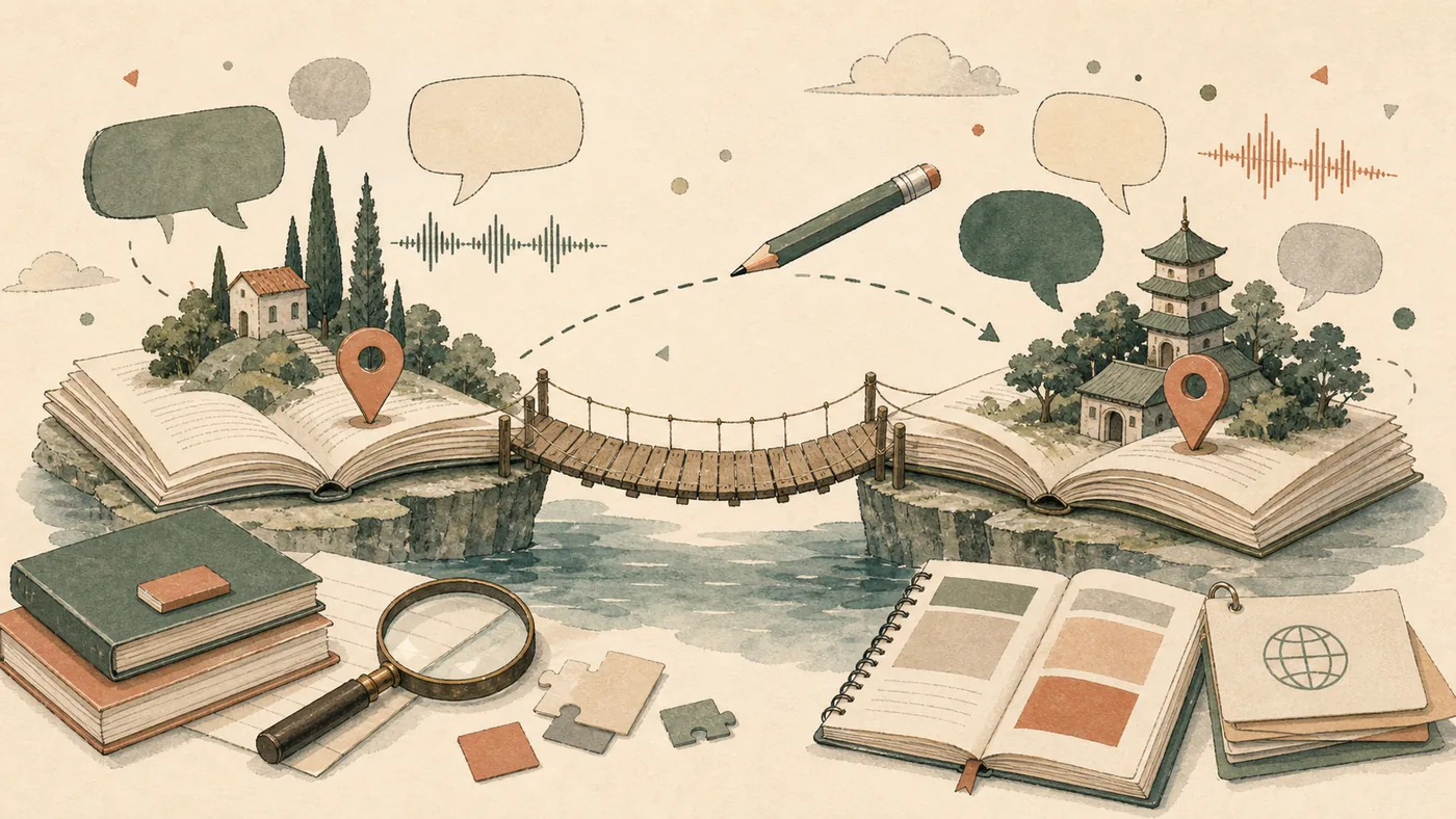 Illustration for PONS: language bridge between dictionary pages and speech bubbles