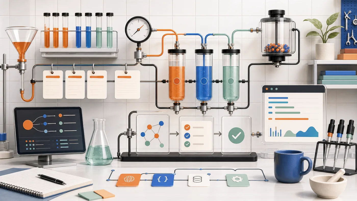 Illustration for Postman: API requests flowing through a clean testing lab with connected pipes