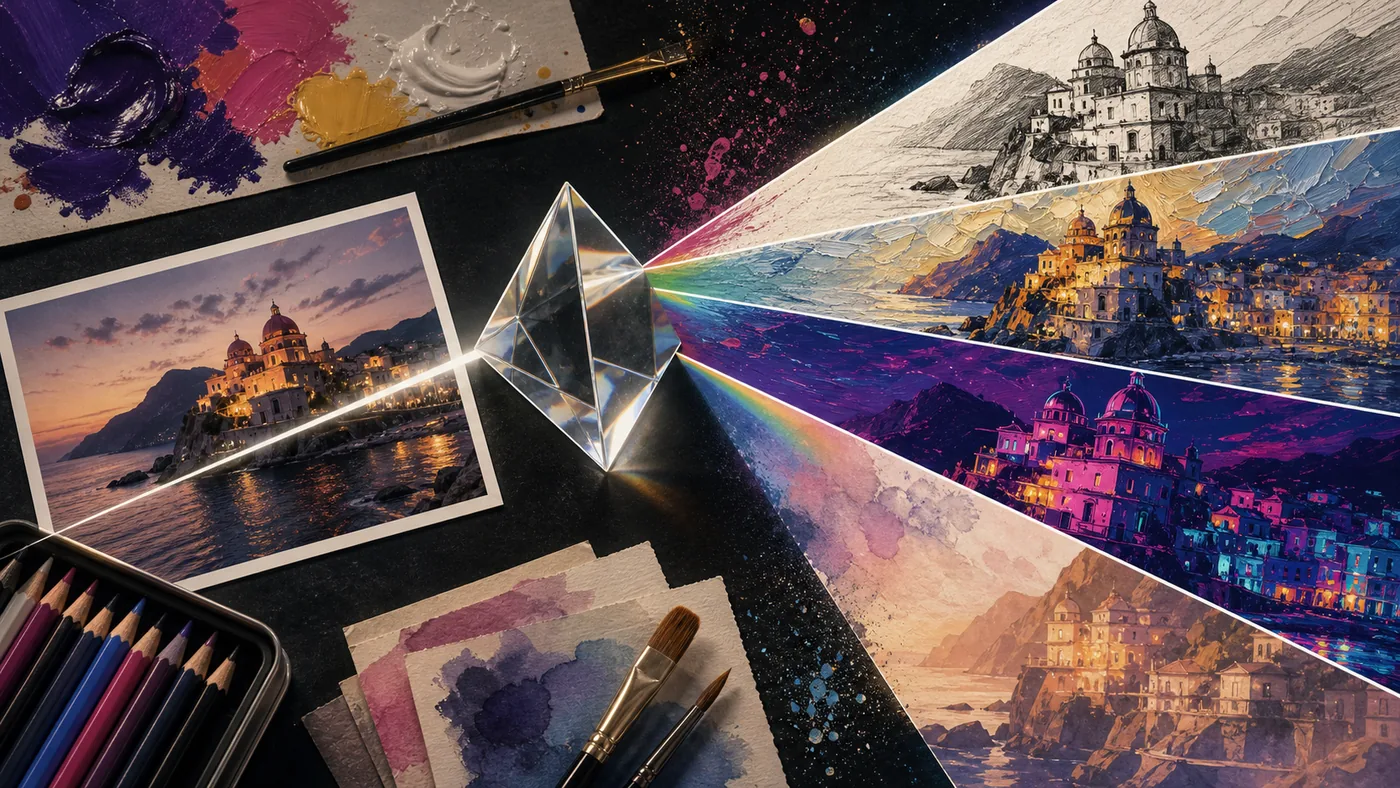 Illustration for Prisma: a photo splitting through a prism into different art styles