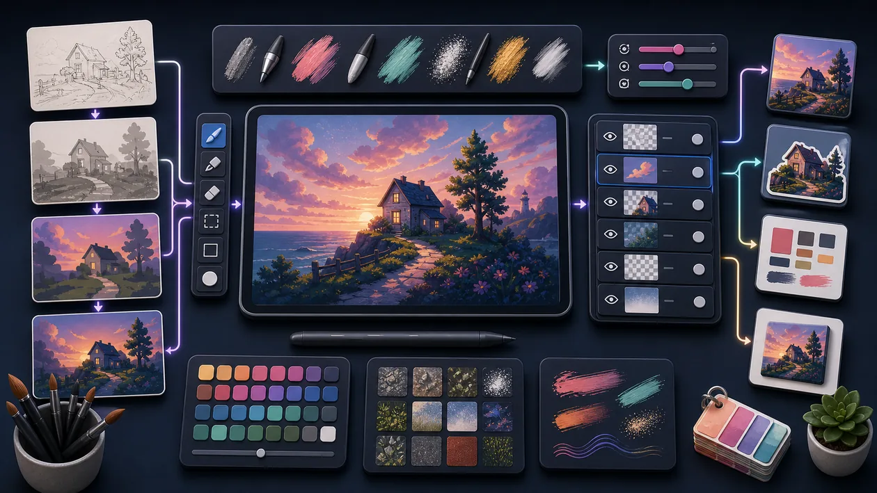 Illustration zu Procreate: Skizzen, Pinselstriche und Ebenen werden zu digitaler Illustration aufgebaut