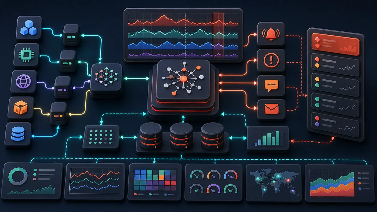 Illustration zu Prometheus: Metriken laufen durch Zeitreihen, Alerts und Service-Health-Pfade