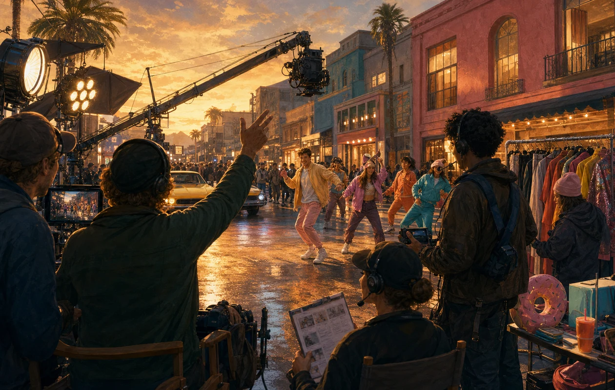 Illustration for Promo.com: film backlot with scene tracks and editing light