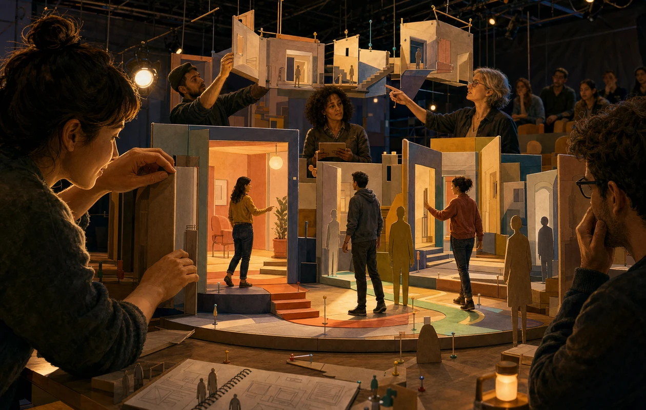 Illustration for Proto.io: prototype theater with clickable model scenery