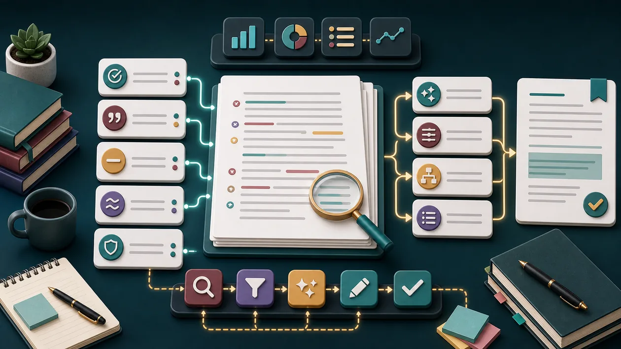 Illustration for ProWritingAid: Document drafts are refined through style, grammar, and structure checks