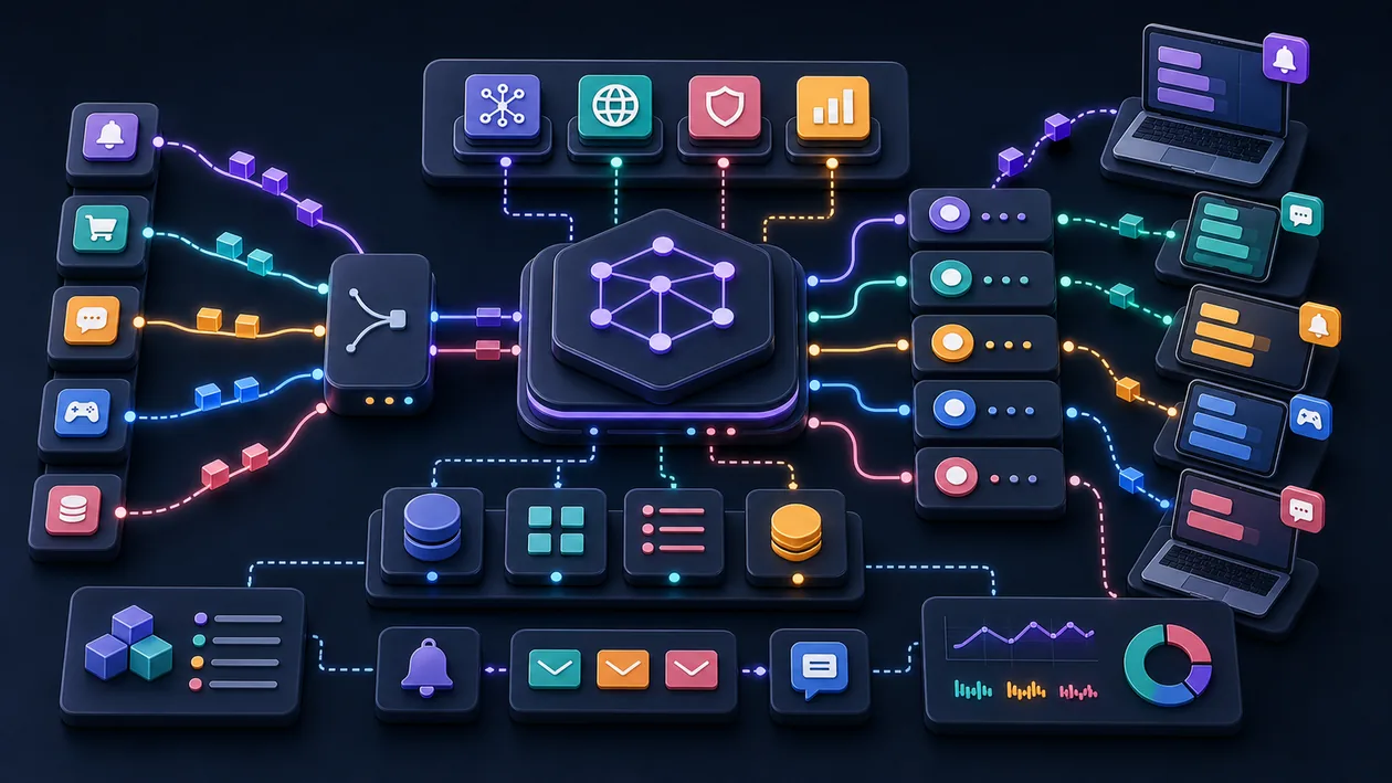 Illustration zu Pusher: Live-Ereignisse werden ueber Channels an verbundene Apps verteilt