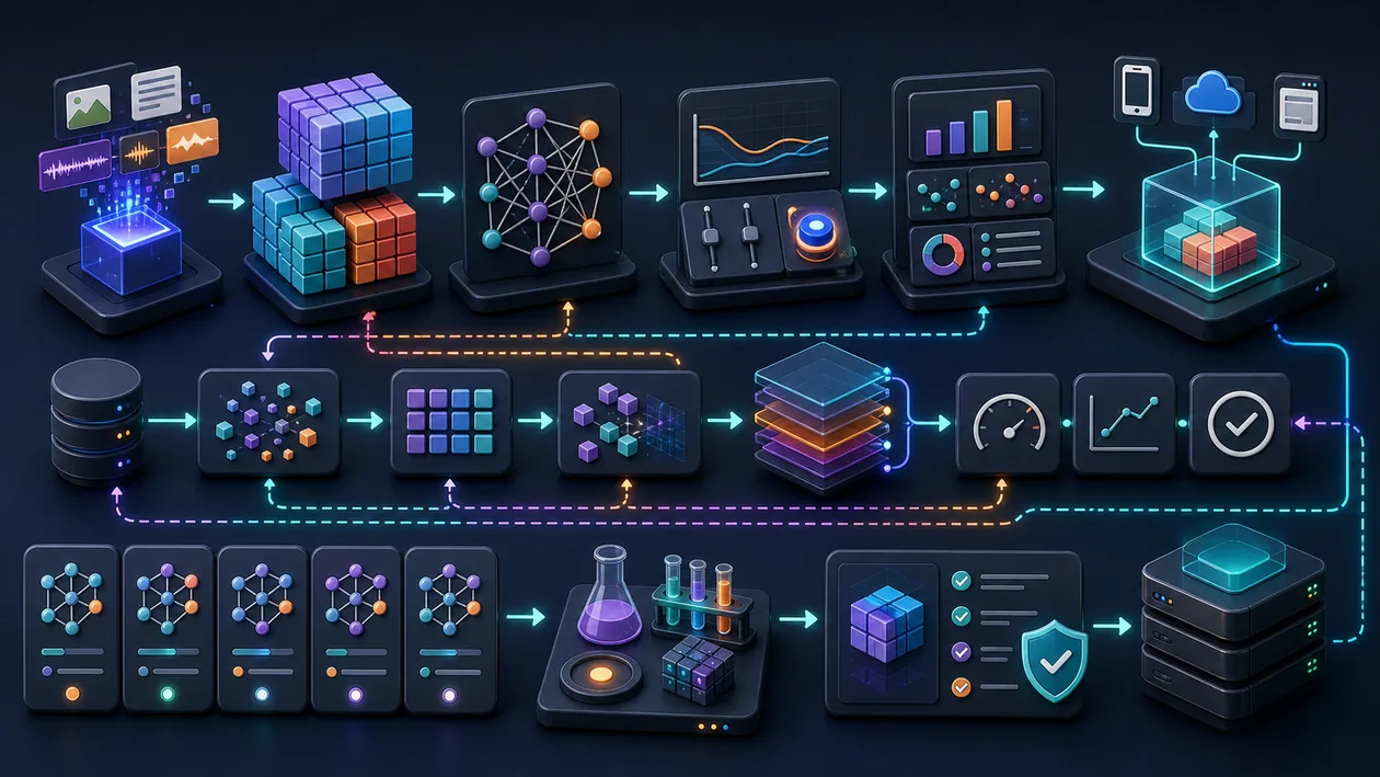 Illustration for PyTorch: Tensors, model graphs, and experiments move through training loops