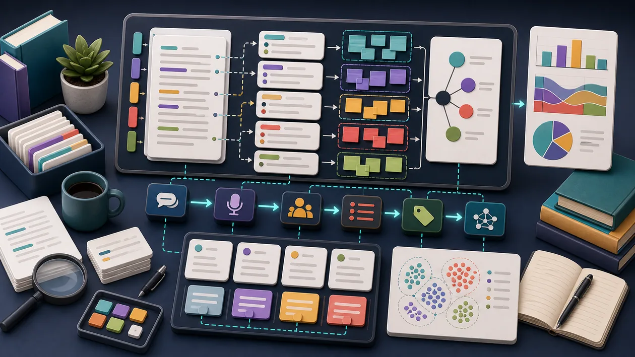 Illustration for QDA Miner: Transcripts and notes are coded, grouped, and analyzed