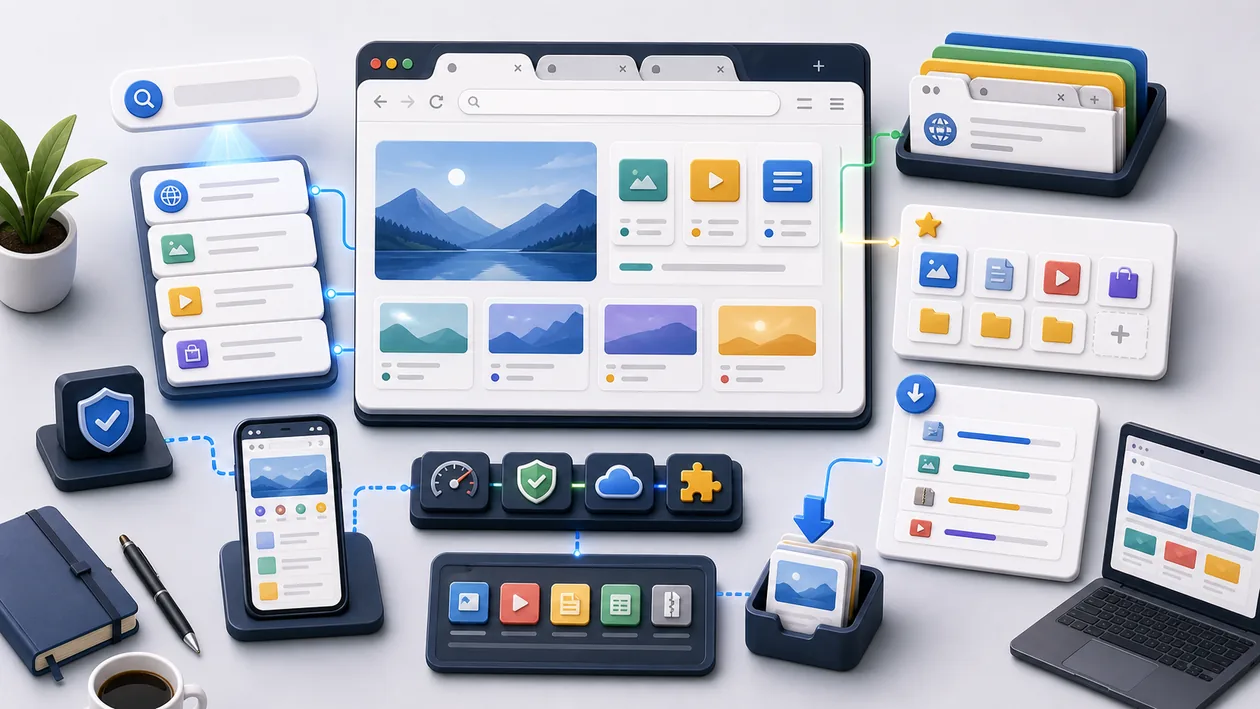 Illustration for QQ Browser: Tabs, search, and downloads are organized into a browser workflow