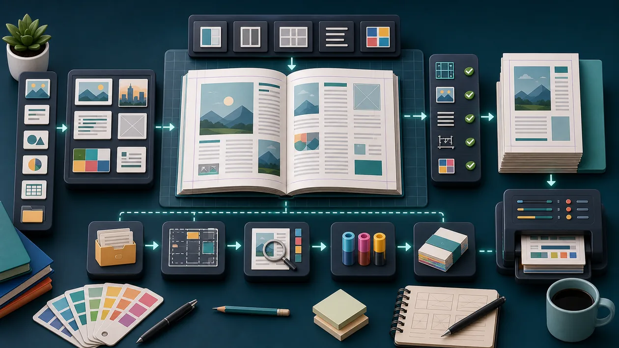 Illustration for Quark: Page grids, layout cards, and assets are assembled into a publication