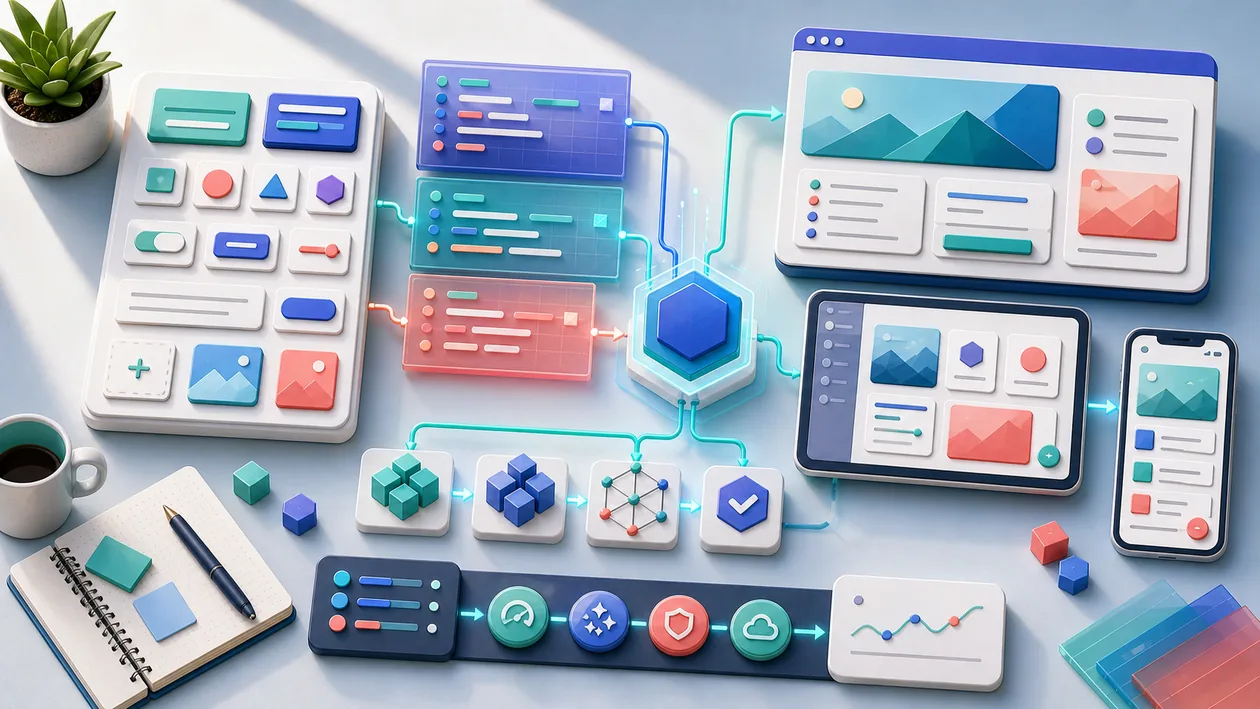 Illustration zu Quasar Framework: Komponenten, App-Panels und Build-Pfade formen einen Cross-Plattform-Workflow