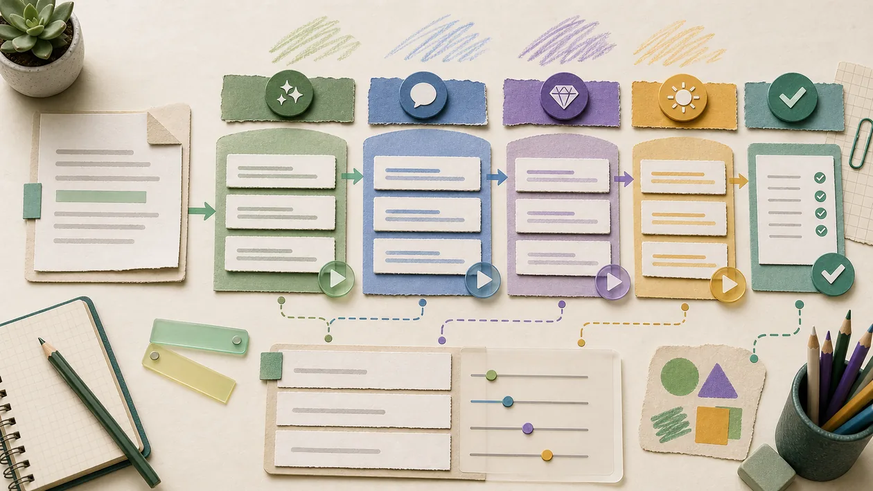 Illustration for QuillBot: Drafts move through tone, rewriting, and review into clearer variants