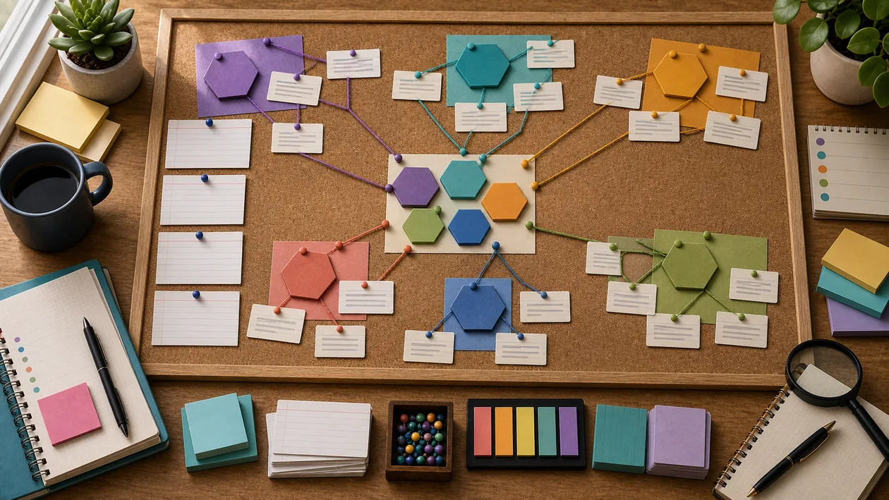 Illustration for Quirkos: Interview cards, codes, and theme clusters are organized into qualitative insights