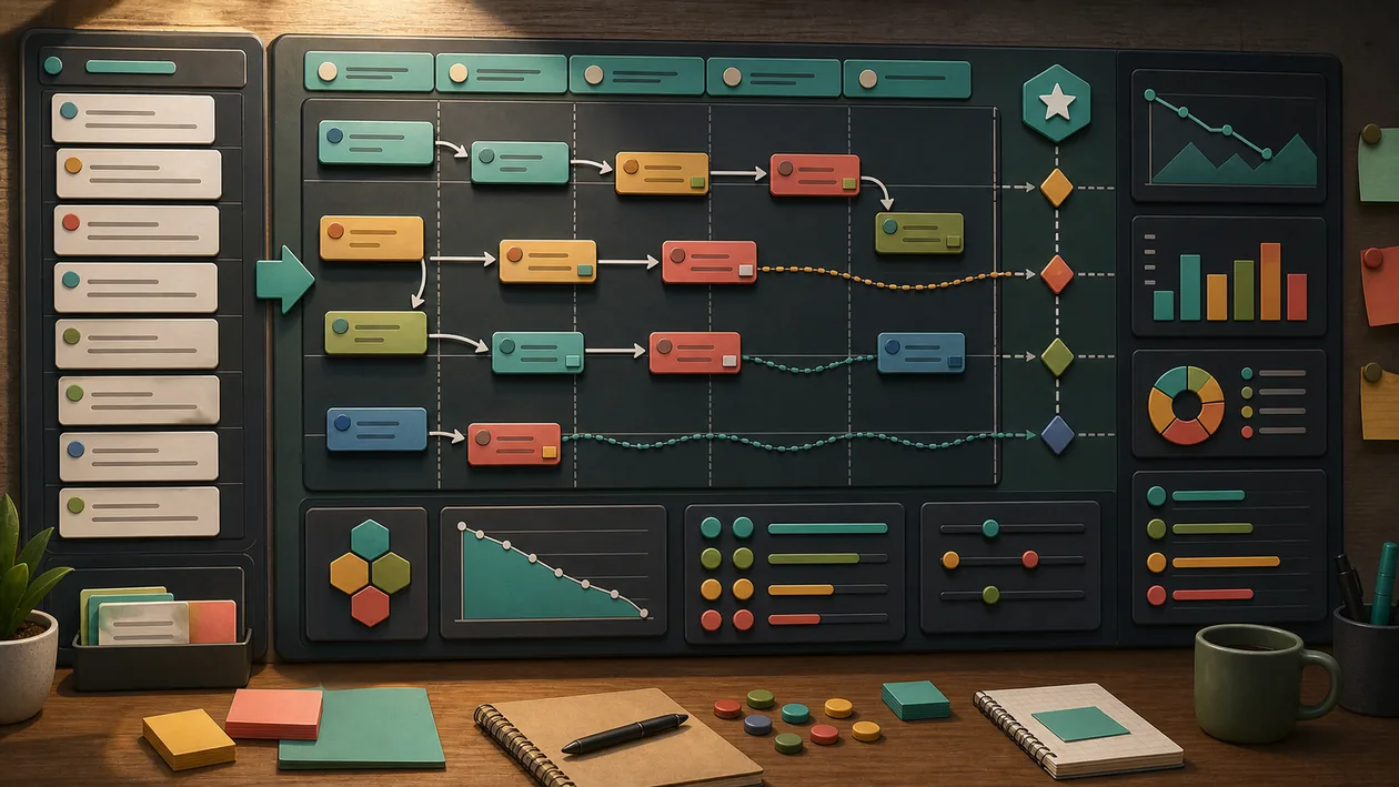 Illustration for Rally: Backlog cards, sprint lanes, and release paths are bundled into an agile plan