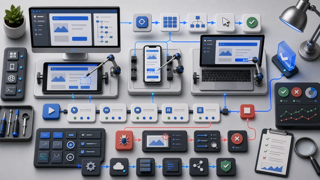 Illustration for Ranorex Studio: Devices, test steps, and defect paths connect into automated UI checks