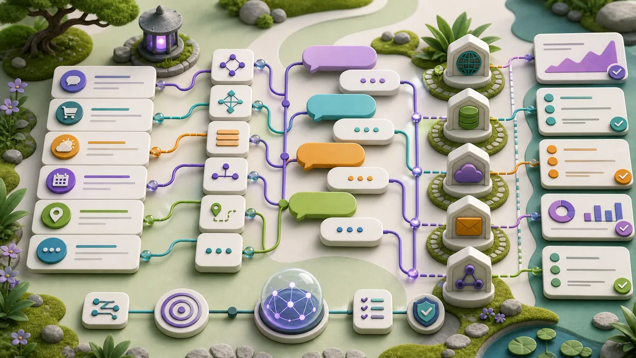 Illustration for Rasa: Intent nodes, dialog paths, and integrations shape a chatbot workflow