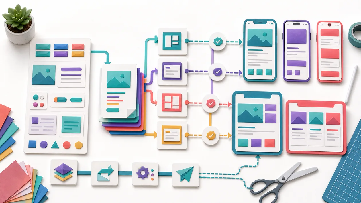 Illustration for React Native: Shared components move through build paths into mobile app outputs