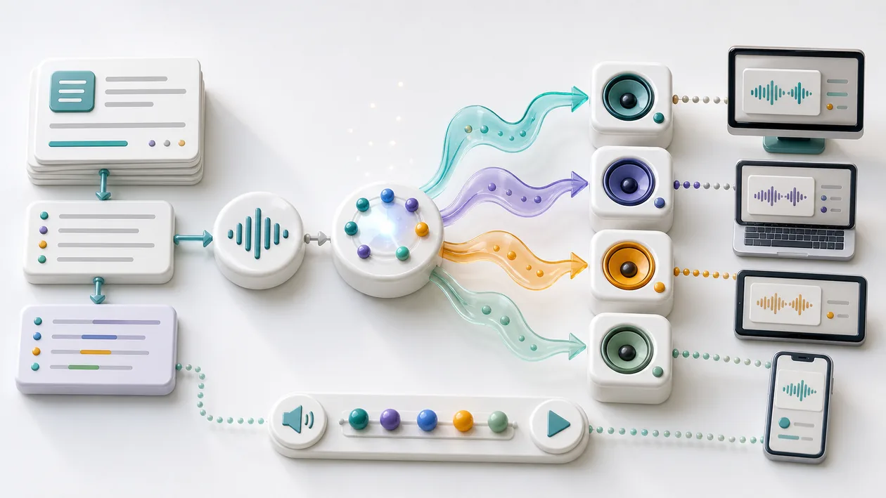 Illustration for ReadSpeaker: Document cards become voice profiles, waveforms, and output paths