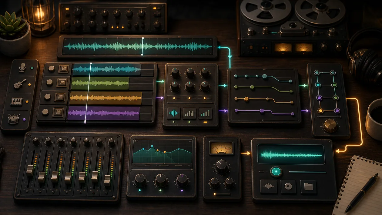 Illustration for Reaper: Multitrack recordings move through editing, mixing, routing, and render paths