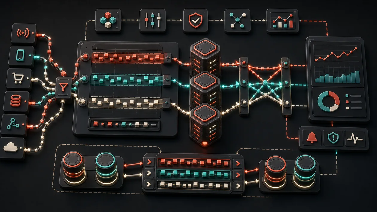 Illustration zu Redpanda: Event-Streams laufen durch Partitionen, Broker-Knoten und Monitoring-Pfade