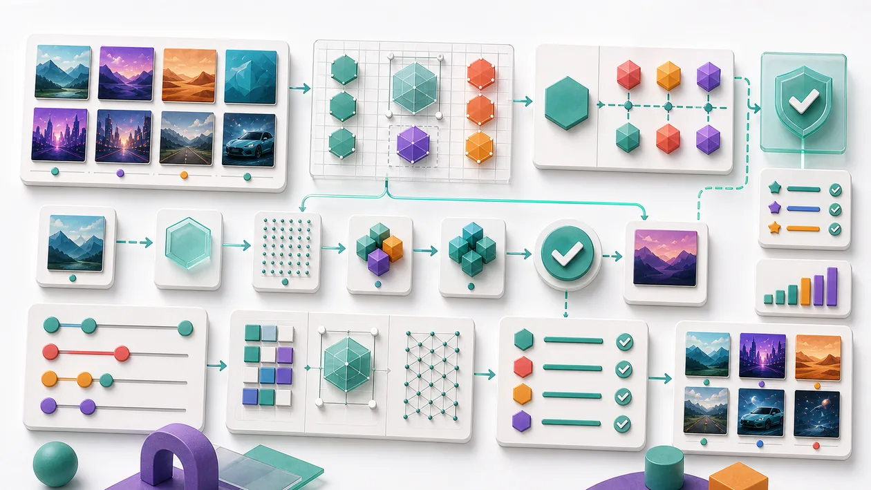 Illustration for Reface: Media tiles, masks, and checkpoints form a safe transformation flow