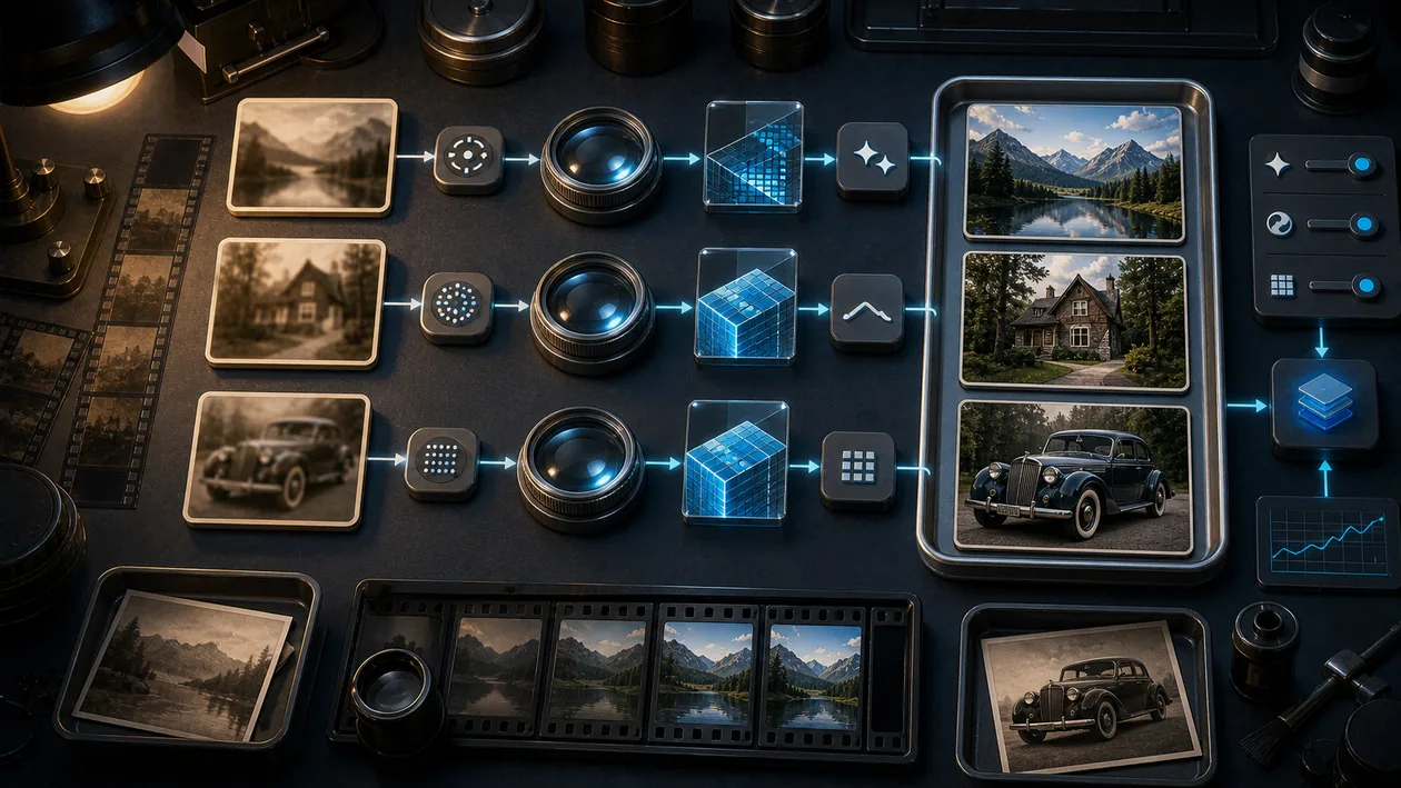 Illustration for Remini: Blurred image tiles are restored and upscaled into clearer outputs