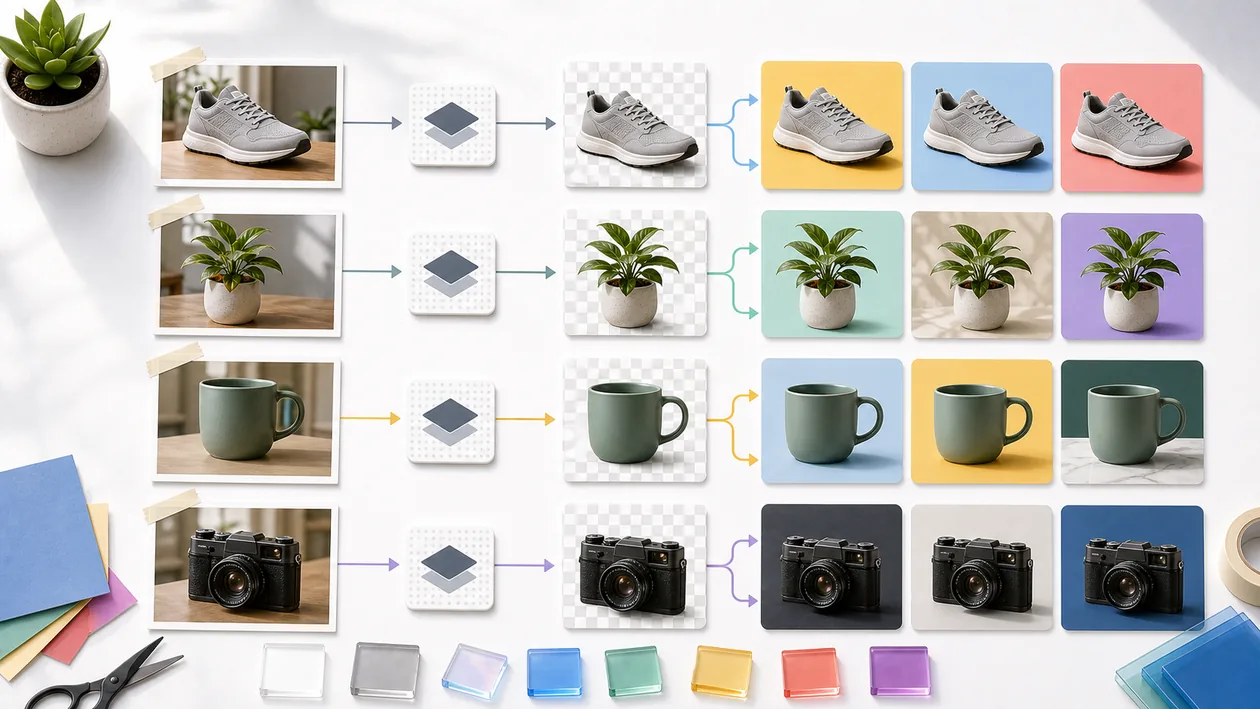 Illustration for Remove.bg: Product photos are cut out, masked, and prepared with new backgrounds