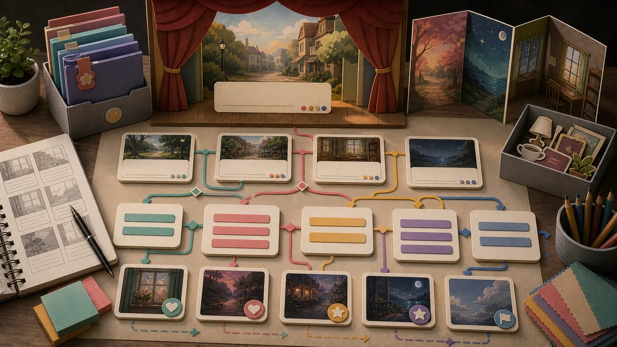 Illustration zu Ren’Py: Szenenkarten, Auswahlpfade und Asset-Ordner formen eine Visual-Novel-Struktur