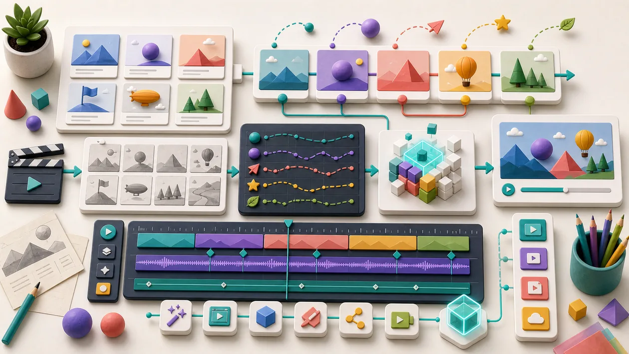Illustration for Renderforest: Storyboard panels, motion nodes, and render paths produce video assets