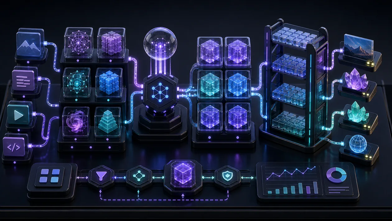 Illustration for Replicate: Model cards, API nodes, and inference paths become scalable AI outputs