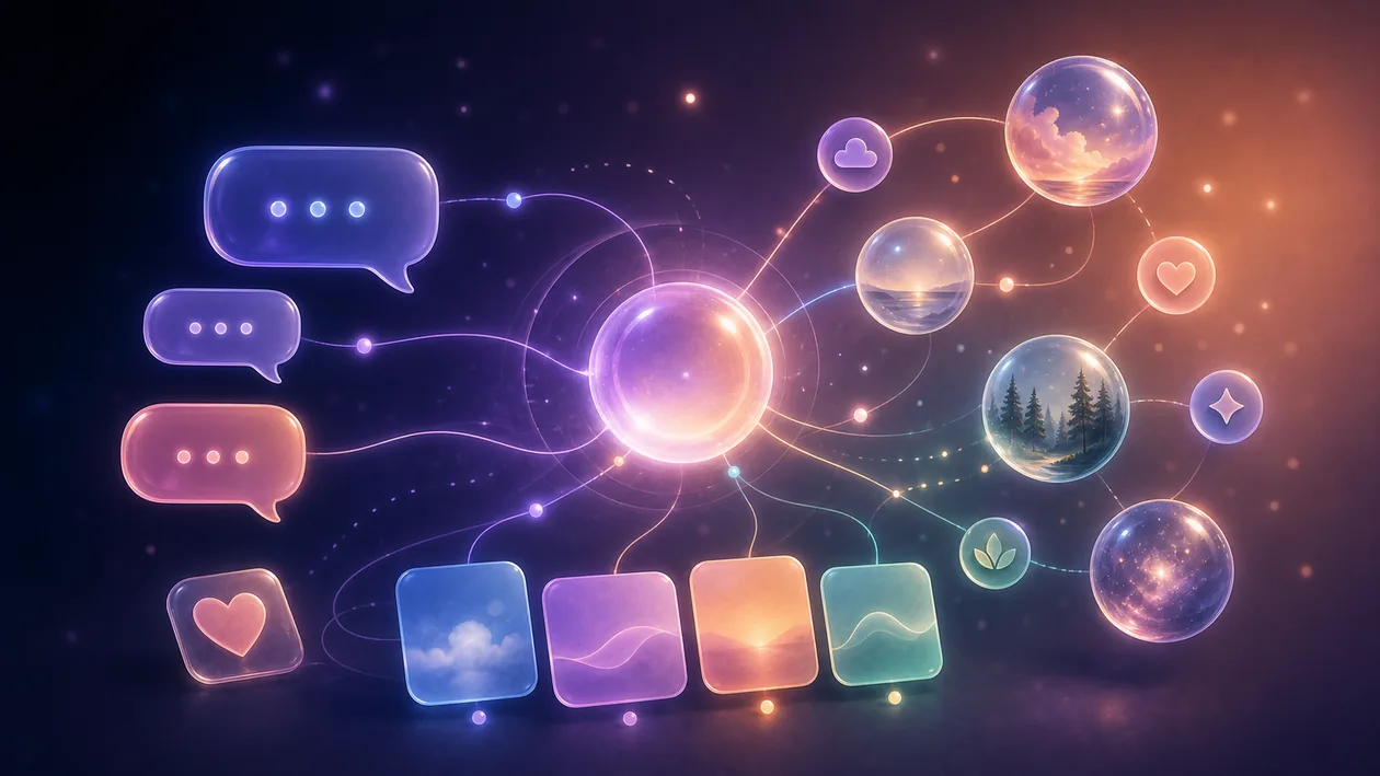 Illustration for Replika: Chat bubbles, mood cards, and memory paths form a private conversation flow