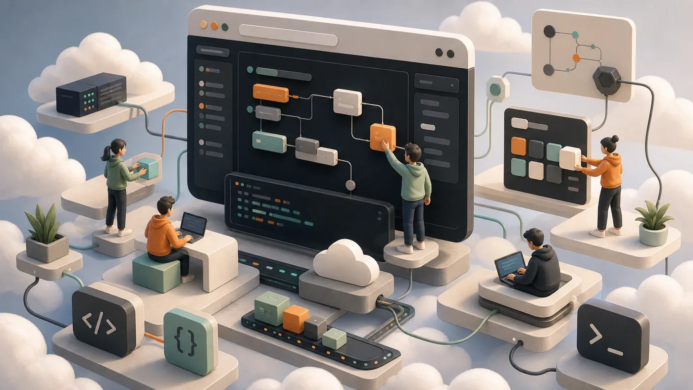 Illustration for Replit: a cloud workshop showing collaborative coding without code text