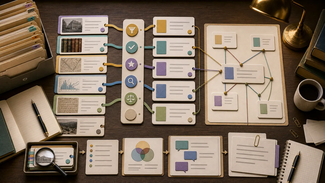 Illustration for Research AI: Source cards, evidence nodes, and checks condense research findings