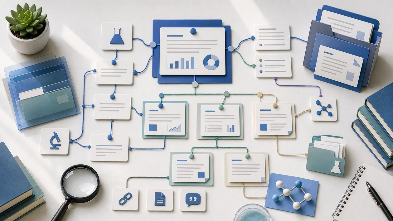Illustration for ResearchGate: Publication cards, network paths, and project folders structure academic collaboration