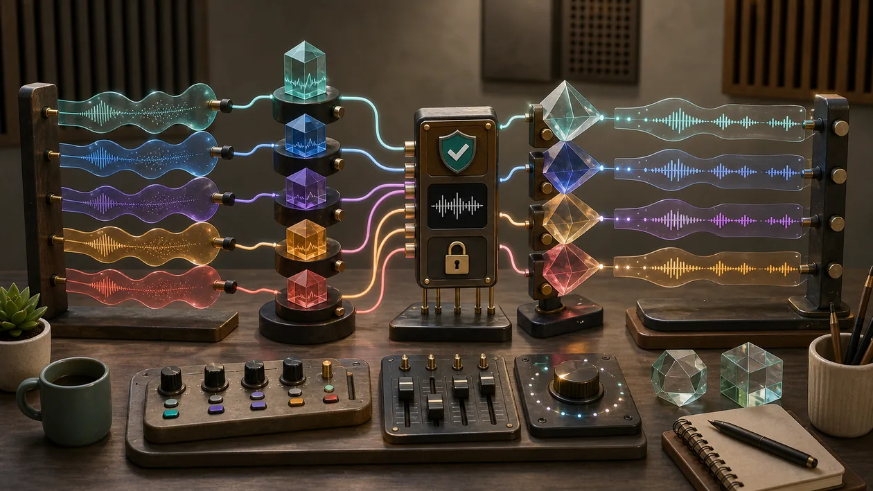 Illustration for Resemble AI: Waveforms, voice profiles, and checkpoints produce synthetic speech outputs