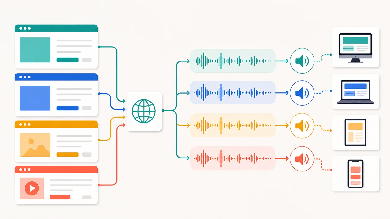 Illustration for ResponsiveVoice: Web page cards, waveforms, and device outputs connect text with speech