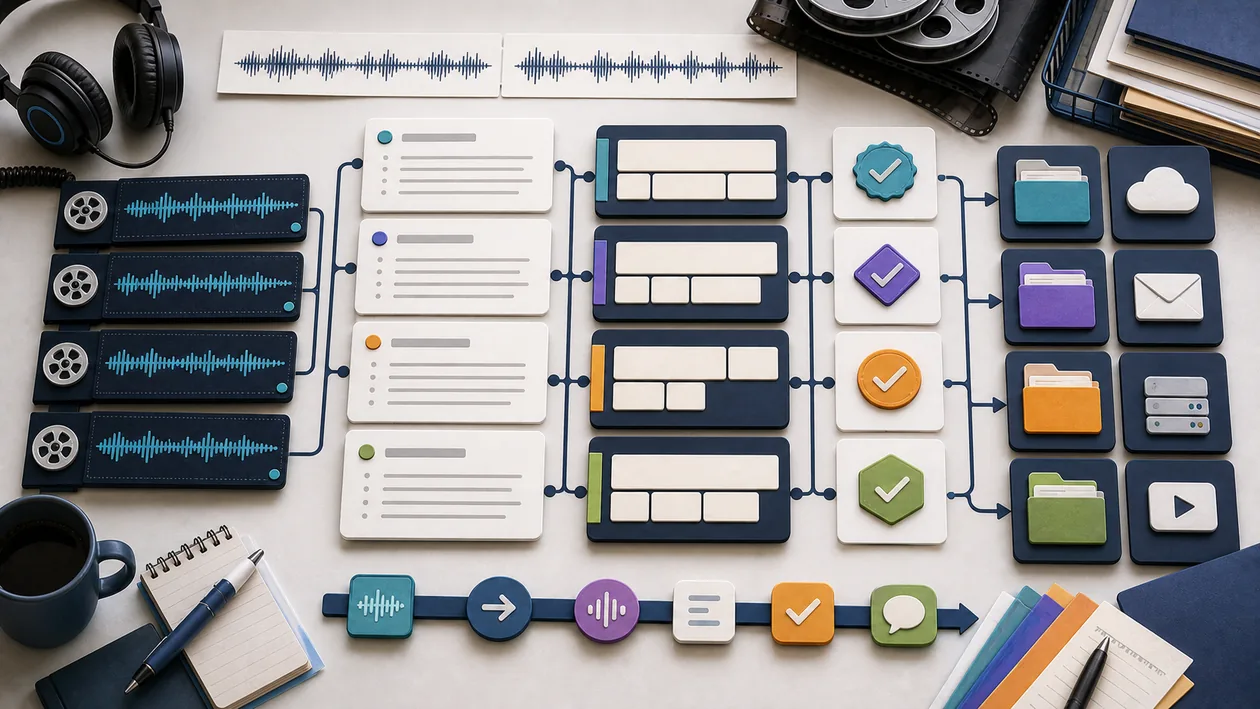 Illustration for Rev: Audio waves, transcript cards, and review paths become captions and text outputs