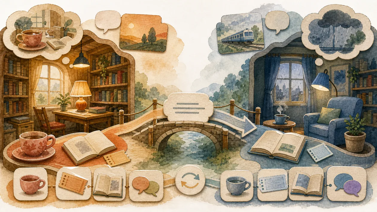 Illustration for Reverso Context: A phrase moves between reading scenes and gains meaning from context