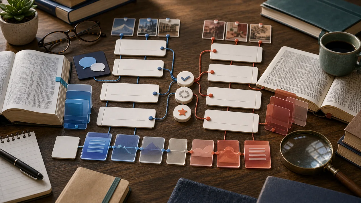 Illustration for Reverso: Language cards are compared across dictionary, context, and correction paths