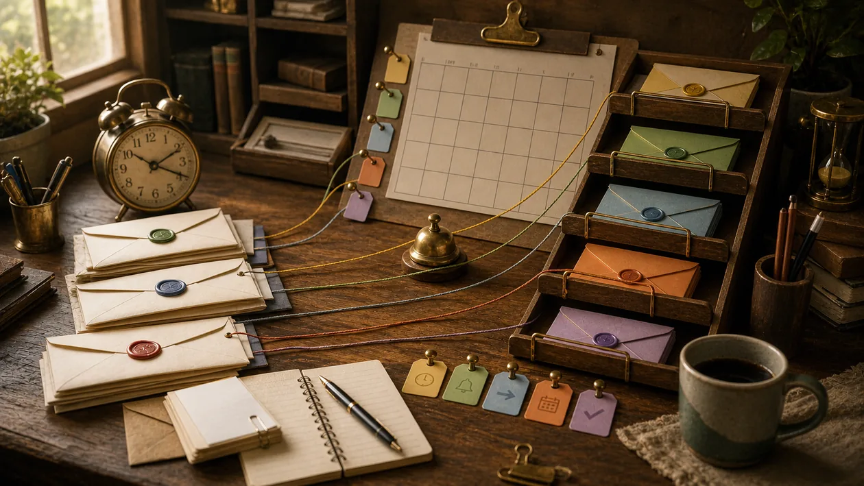 Illustration for RightInbox: Email envelopes move through reminders, scheduling, and follow-up into storage trays