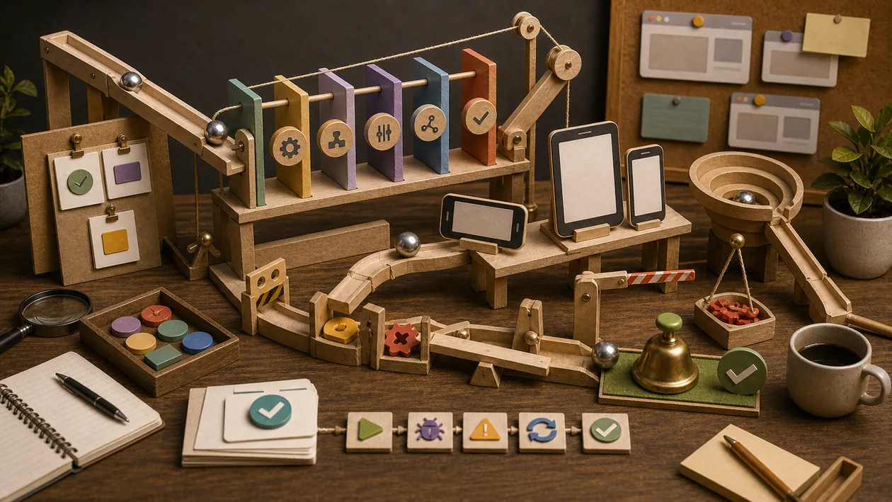 Illustration for Robot Framework: A test case rolls through check stations, device frames, and a pass bell