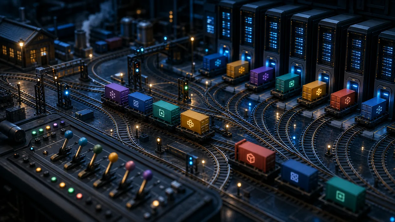 Illustration zu RunAI: Workload-Wagen werden in einem Mini-Rechenzentrum zu GPU-Spuren geleitet