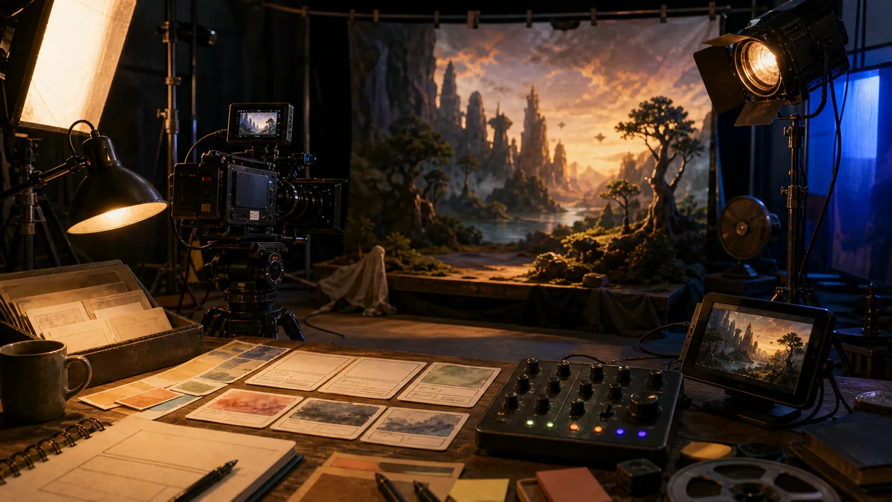 Illustration for Runway: Storyboard cards turn into a projected scene on a film set