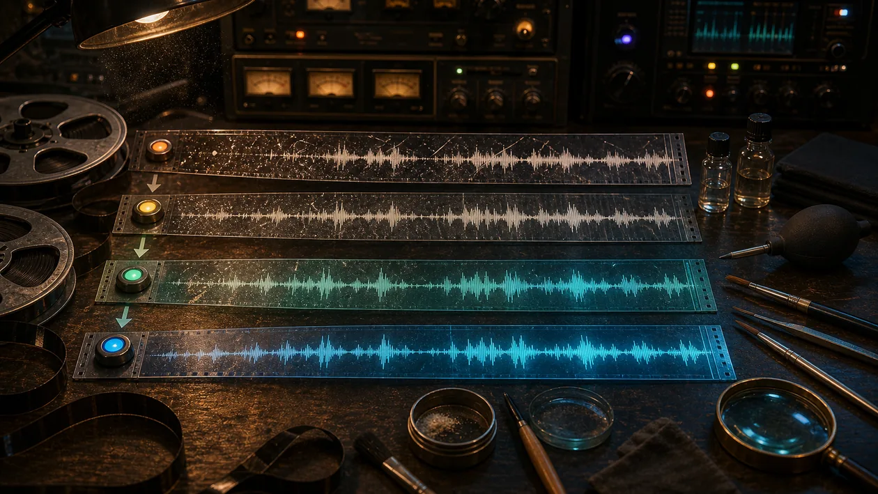 Illustration for RX Elements by iZotope: Damaged audio strips are cleaned and smoothed on a studio workbench