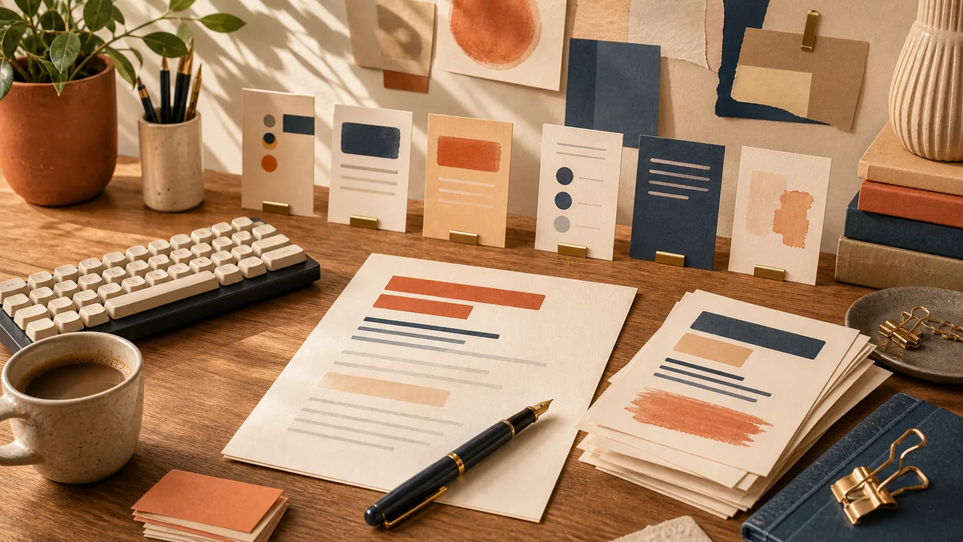 Illustration for Rytr: writing studio with tone cards, drafts and marketing copy