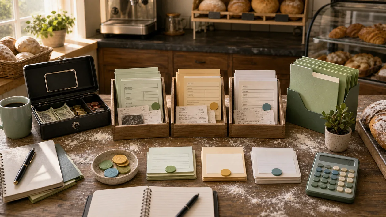 Illustration for Sage Business Cloud Accounting: Sales, bills, and bank tokens are placed into accounting trays before opening