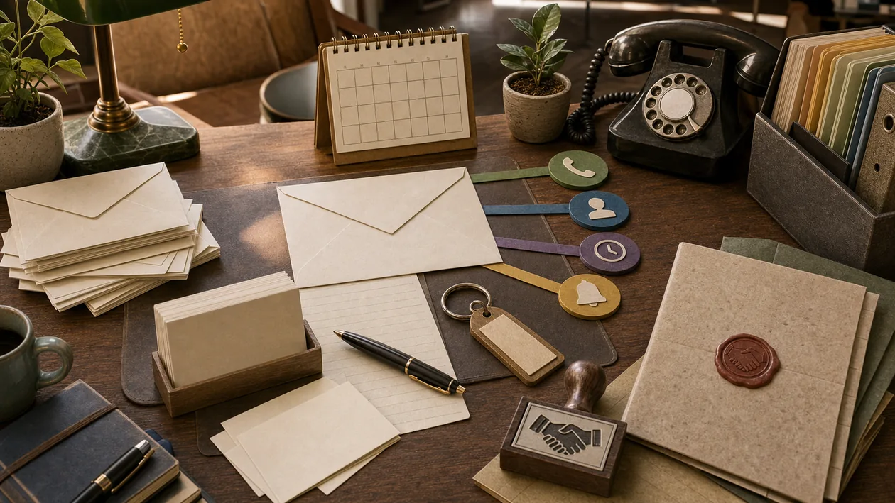 Illustration for Salesforce Inbox: Envelopes, contact cards, and meeting signals are arranged for the next sales follow-up